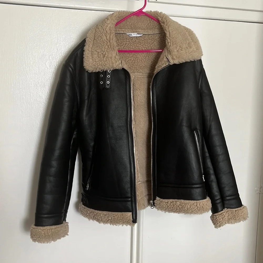 Zara Leather Sherpa Jacket - Picture 1 of 3
